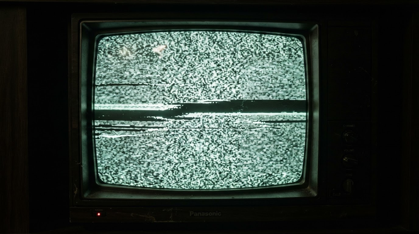 CRTブラウン管テレビの画面いっぱいに走るノイズとグリッチ(AI生成画像)
