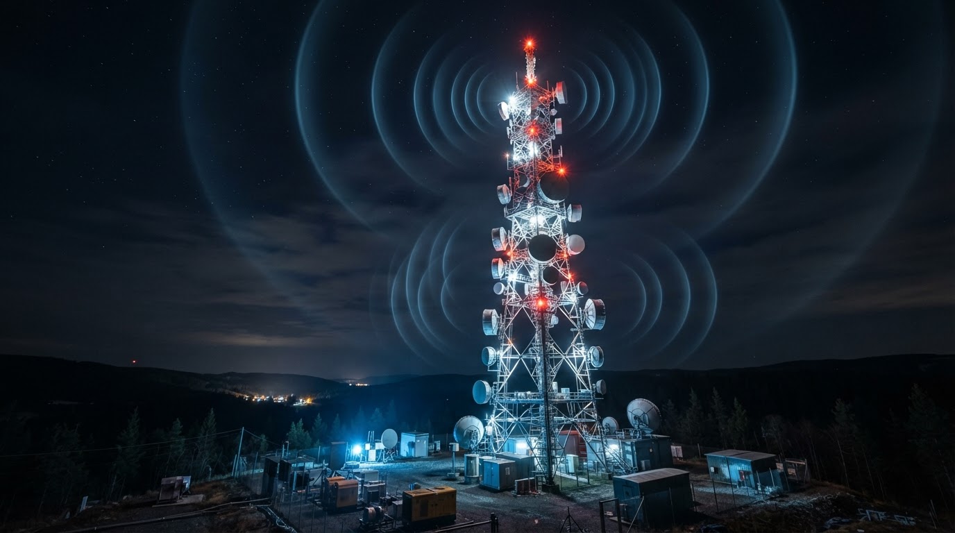 送信塔に向かって伸びるマイクロ波アンテナと夜空、電波を形象化した画像(AI生成画像)