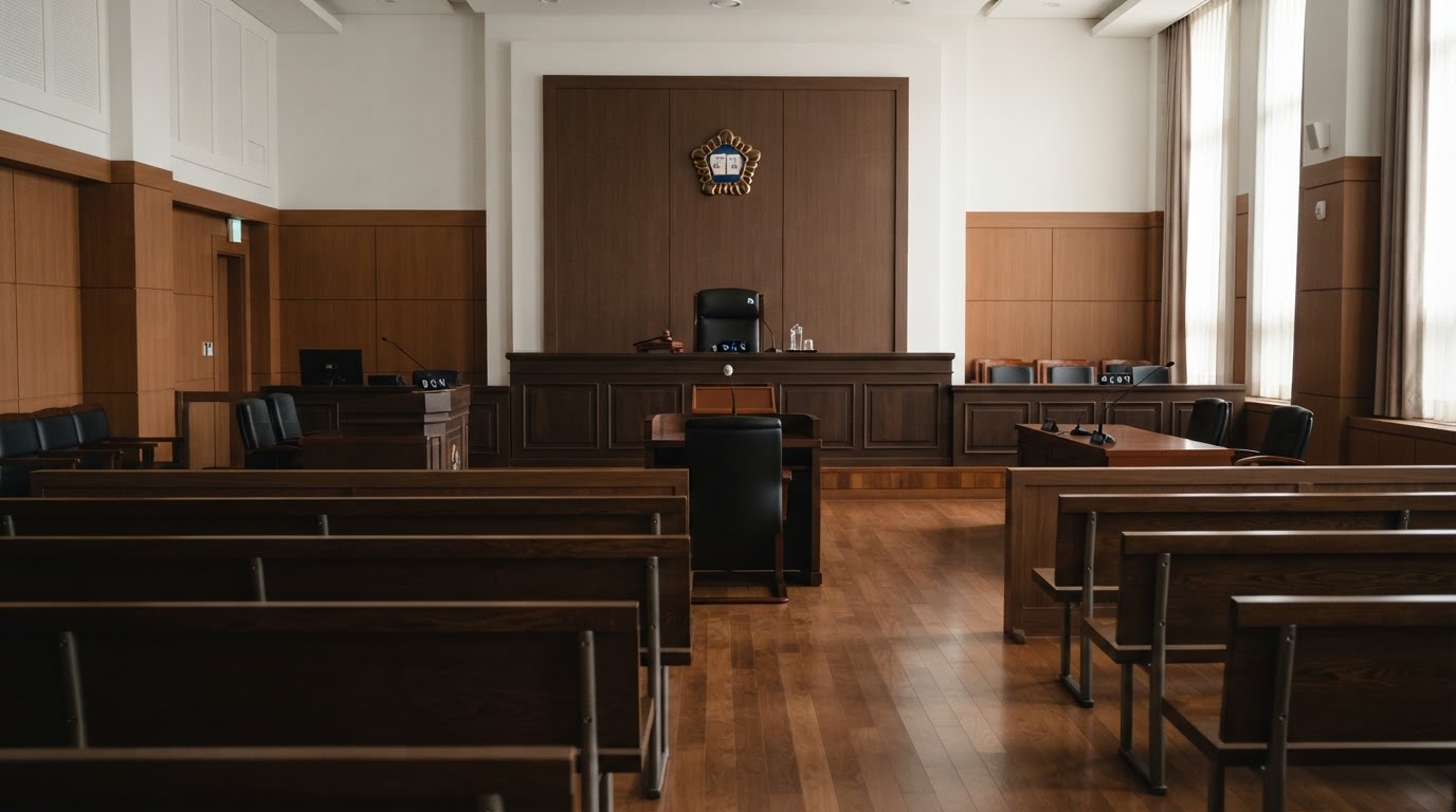텅 빈 한국 법정 내부, 아무도 앉지 않은 방청석과 비어 있는 판사석, 고요하고 엄숙한 분위기 (AI 생성 이미지)