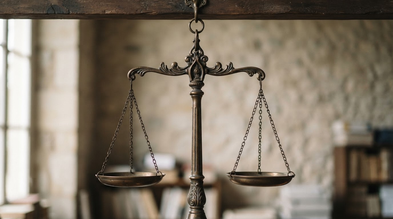 정의의 저울이 균형을 이룬 상징적인 이미지, 차분한 배경 (판독 가능한 텍스트 없음, AI 생성 이미지)