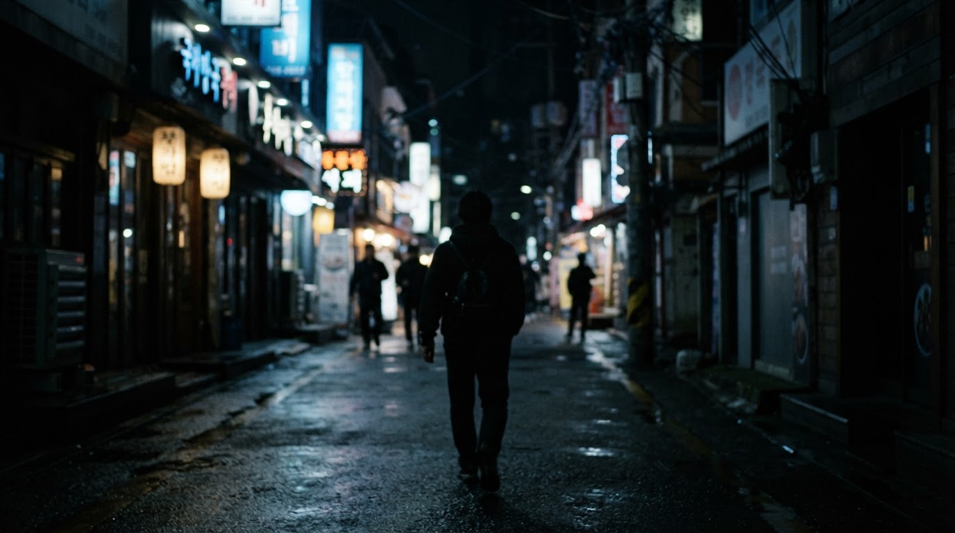 흐릿한 뒷모습 실루엣 하나가 한국의 밤거리 어둠 속으로 사라지는 모습 (몽타주 아님, 신원 식별 불가, AI 생성 이미지)