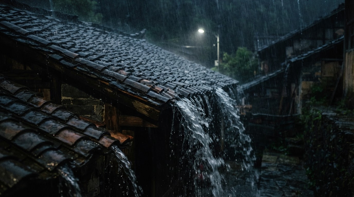 밤, 기와지붕 위로 세차게 쏟아지는 몬순 비, 처마에서 어둠 속으로 물줄기가 흘러내린다 (AI 생성 이미지)