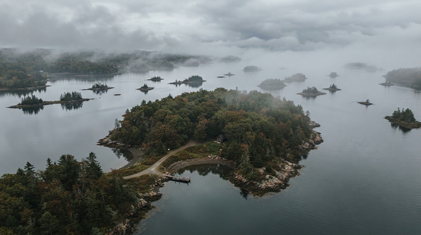 漂浮在大西洋馬洪灣中、長滿橡樹的小島,霧氣籠罩的空拍風景(AI生成圖像)