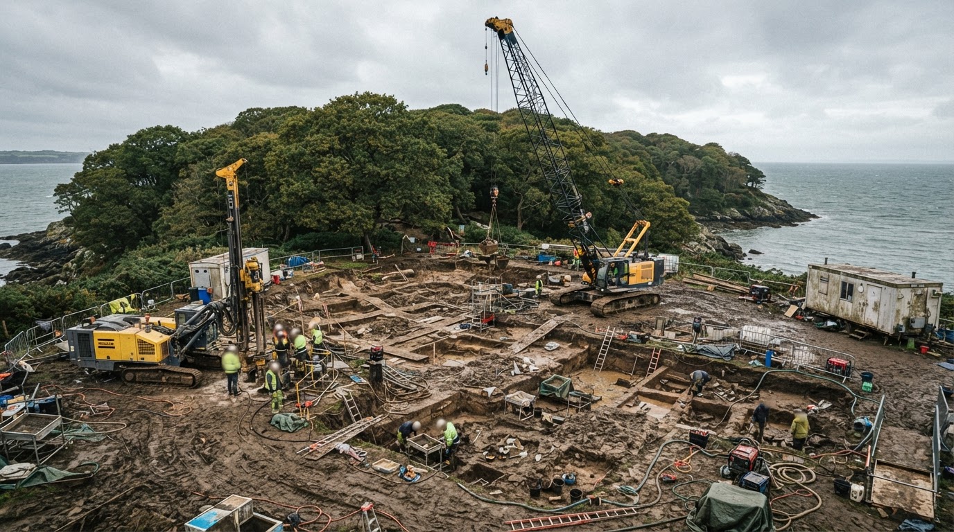 現代鑽探機具與吊車羅列的島上發掘現場,以廣闊的橡樹林與大海為背景,陰沉的天空,no legible text, no identifiable person(AI生成圖像)