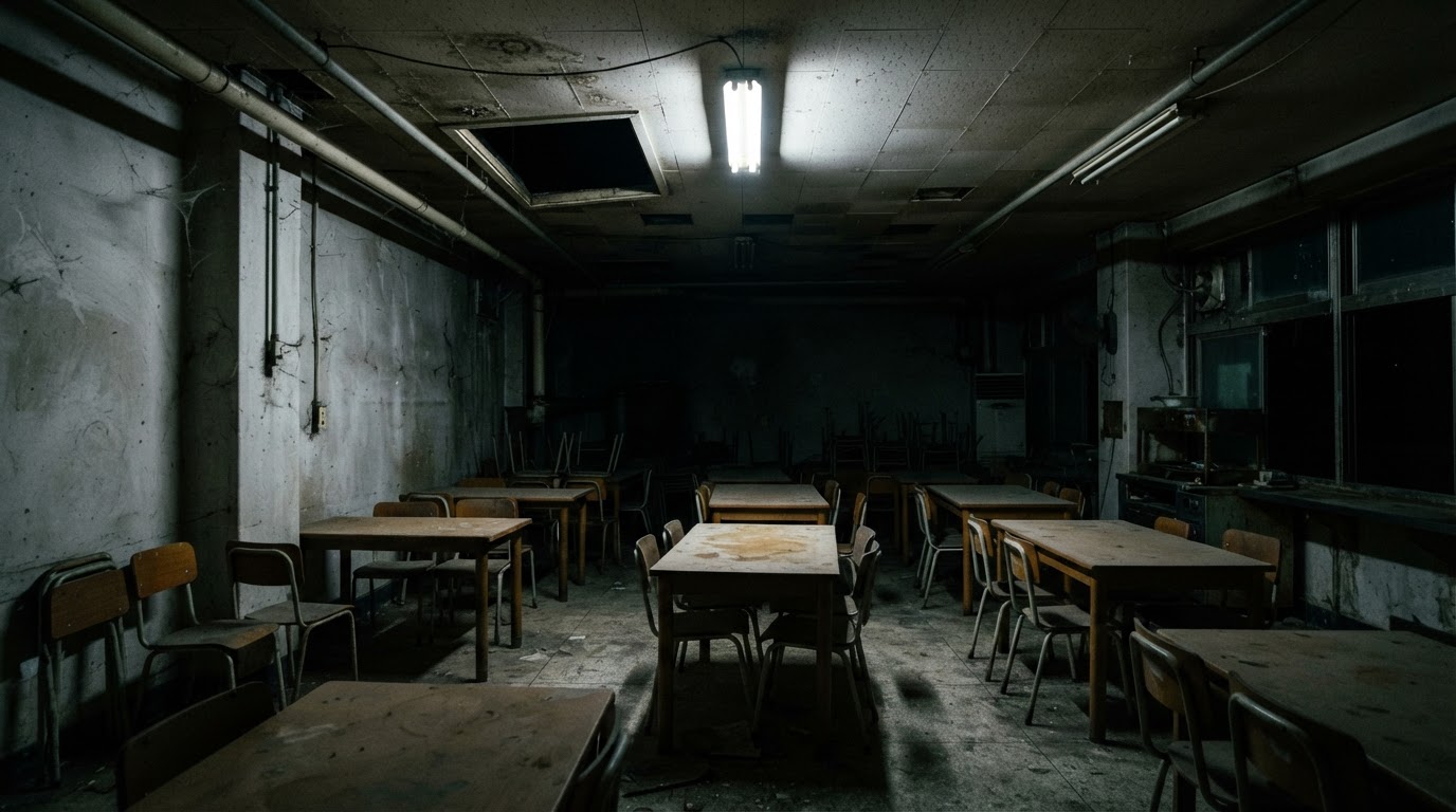 闇に沈んだ古びた工場の外壁 — あの夜の答えを知る者は、もう誰もいない。