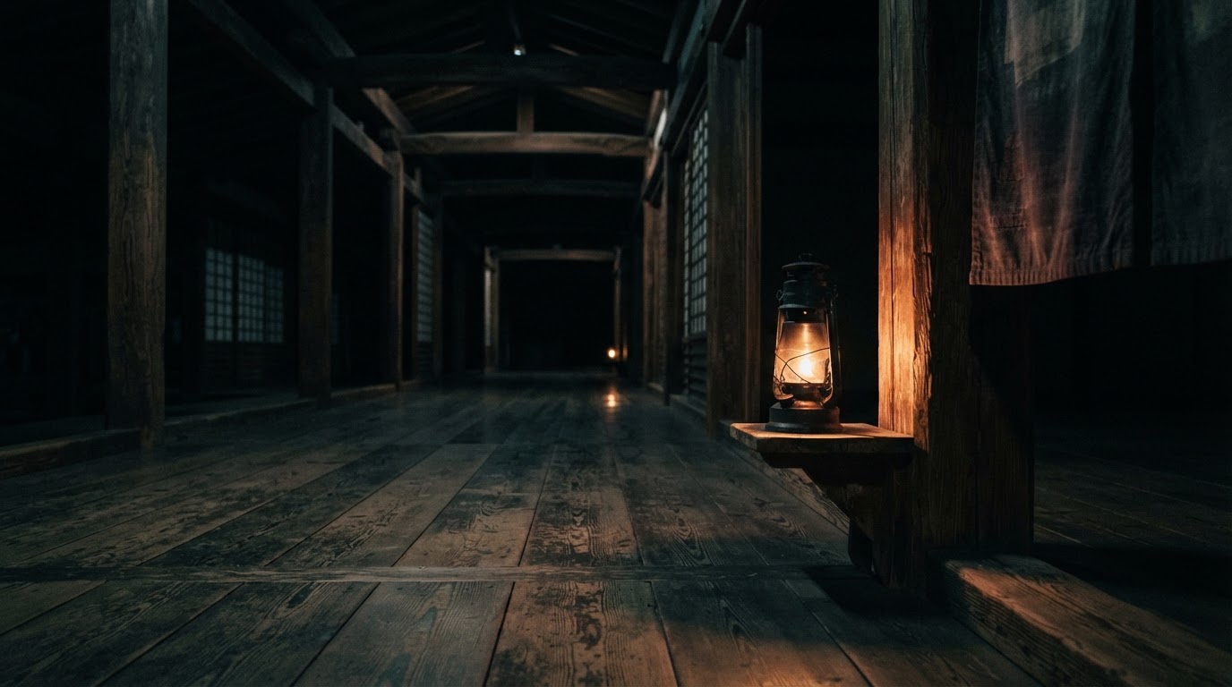 うす暗い木造の寺の廊下にともる油灯、古い床板の上に溜まる暖かな光、深い影、人はいない(AI生成画像)