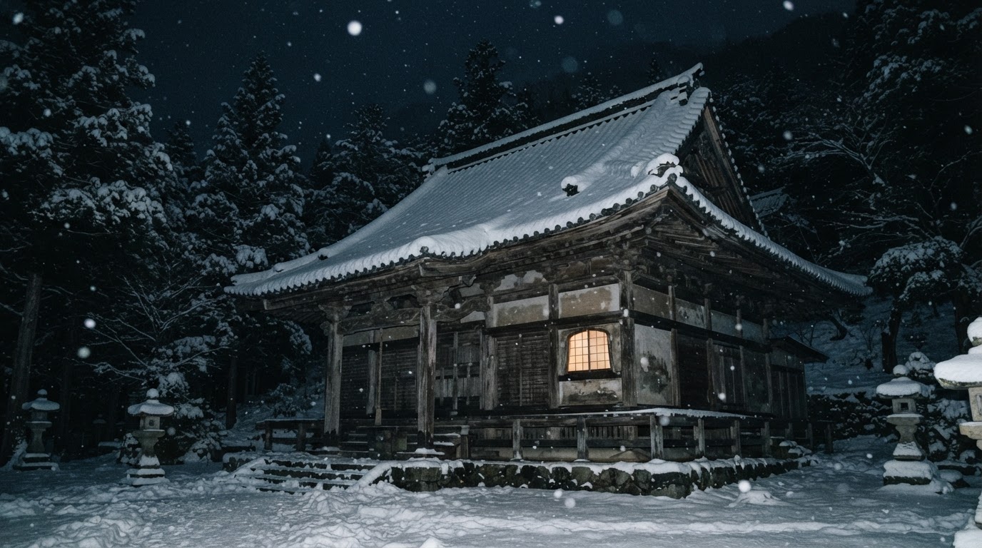 夜、素朴な日本の寺の雪をかぶった屋根、闇を貫いて降る雪、かすかな窓の灯り、人はいない(AI生成画像)