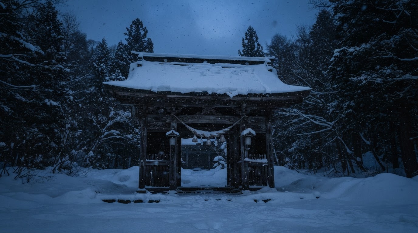 夕暮れの雪に覆われた北海道の寺の門、青い冬の光、音もなく降る雪、人はいない(AI生成画像)