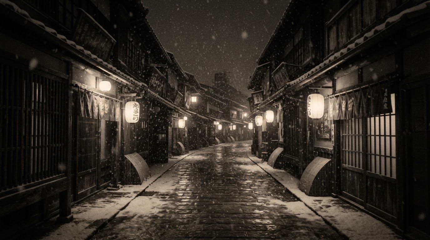 雪の降る一九一〇年代の日本の街、木造の店先と紙提灯、かすかににじむ暖かな灯り、再現された雰囲気、人はいない、判読できる文字はない(AI生成画像)