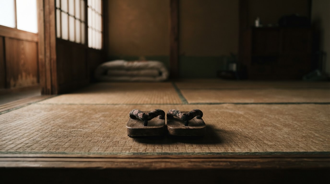 畳の上にきちんと置かれた子どもの小さな下駄、やわらかな室内の光、子どもの姿はない、静かである(AI生成画像)