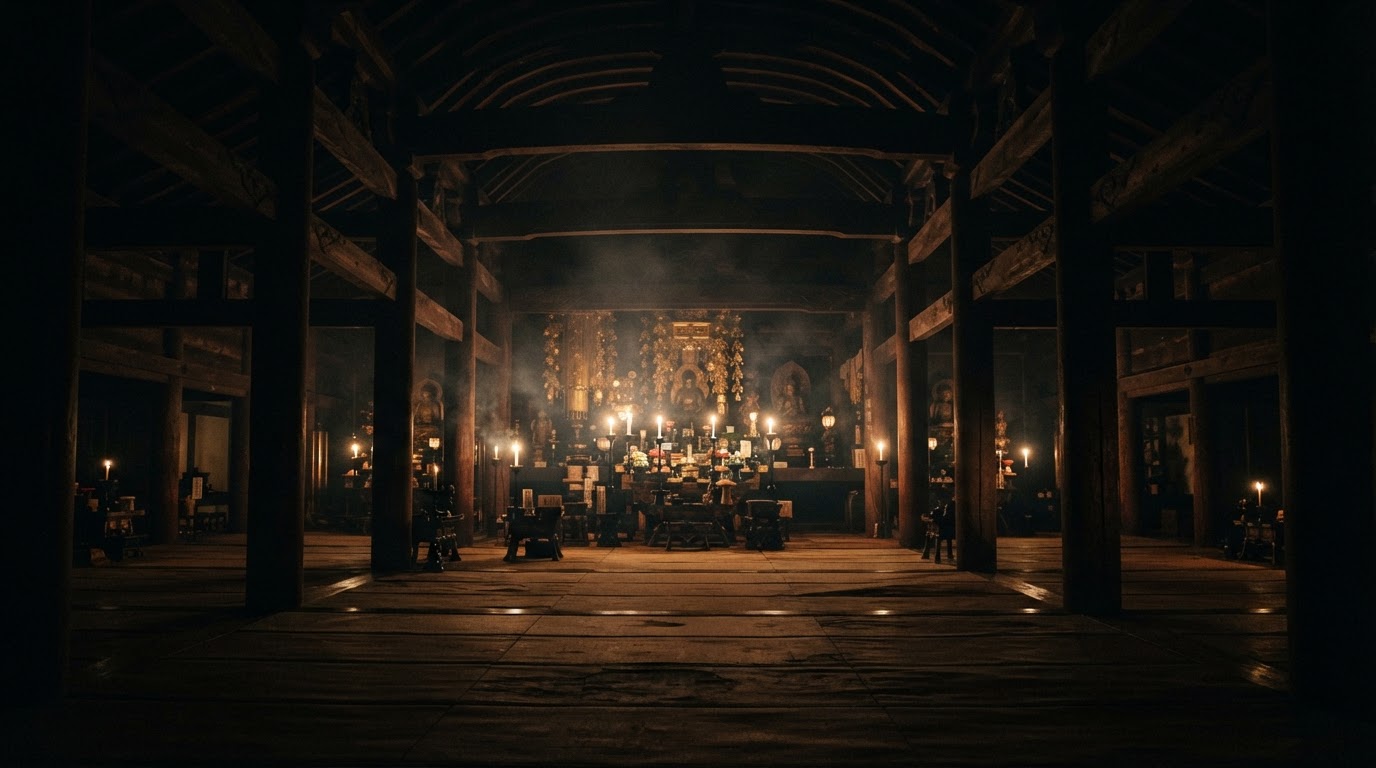 ろうそくの灯る寺の本堂の内部、木の梁と影、静かな弔いの気配、人はいない(AI生成画像)