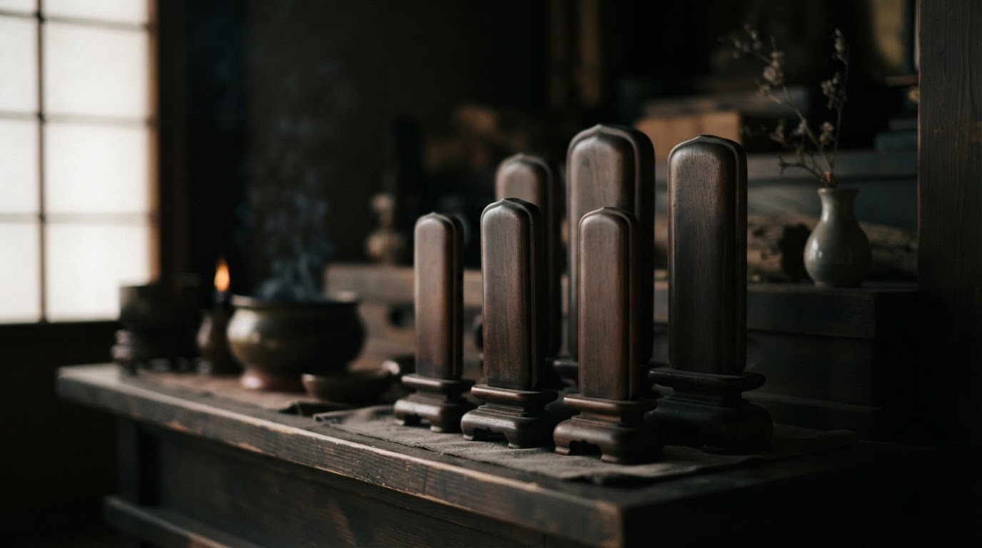 薄暗い寺の光の中に置かれた小さな木の位牌の一角、黒く艶のある木、読める文字はない、やわらかな影(AI生成画像)