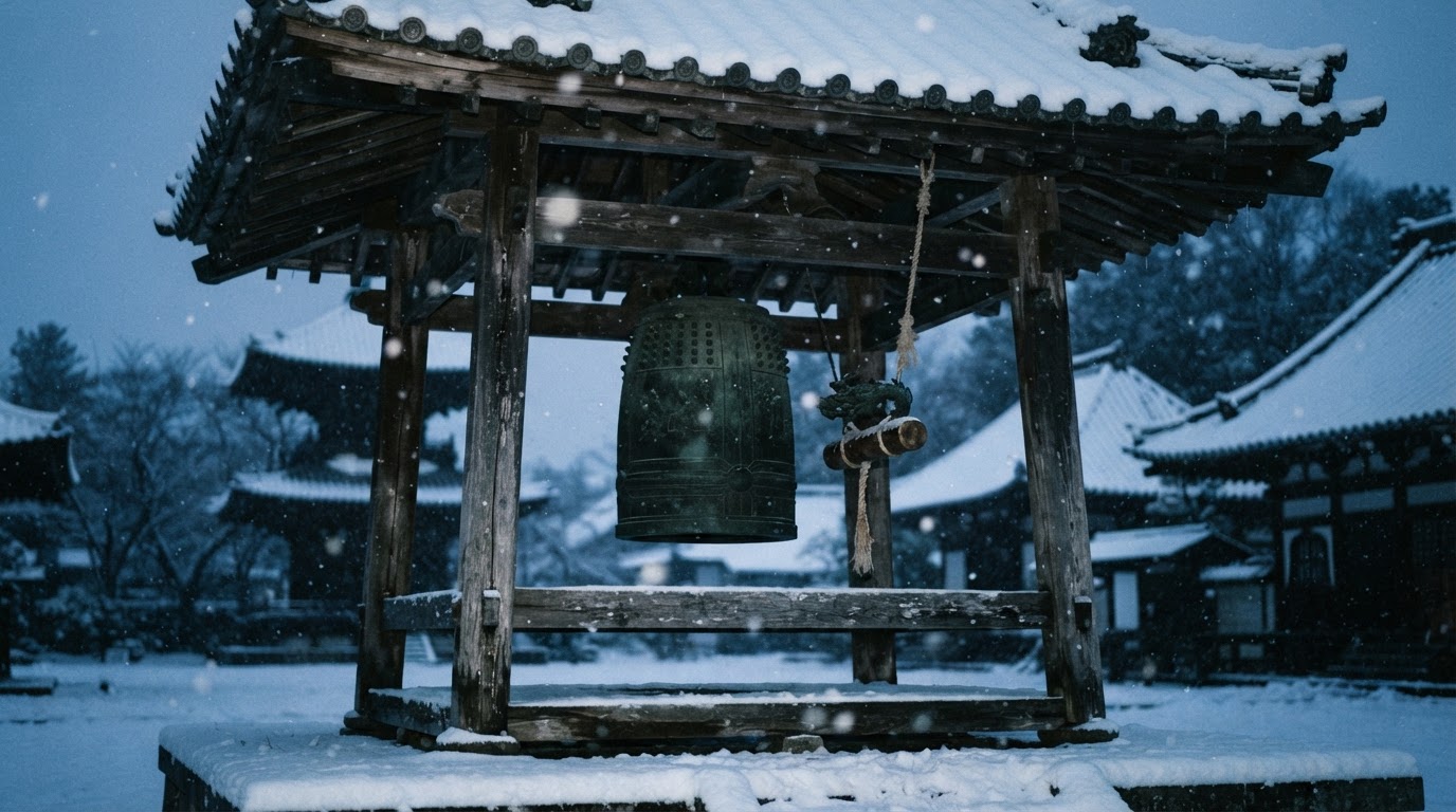 雪の中に吊るされた寺の鐘、白を背に暗い青銅色、冷たい青い夕べの光、人はいない(AI生成画像)