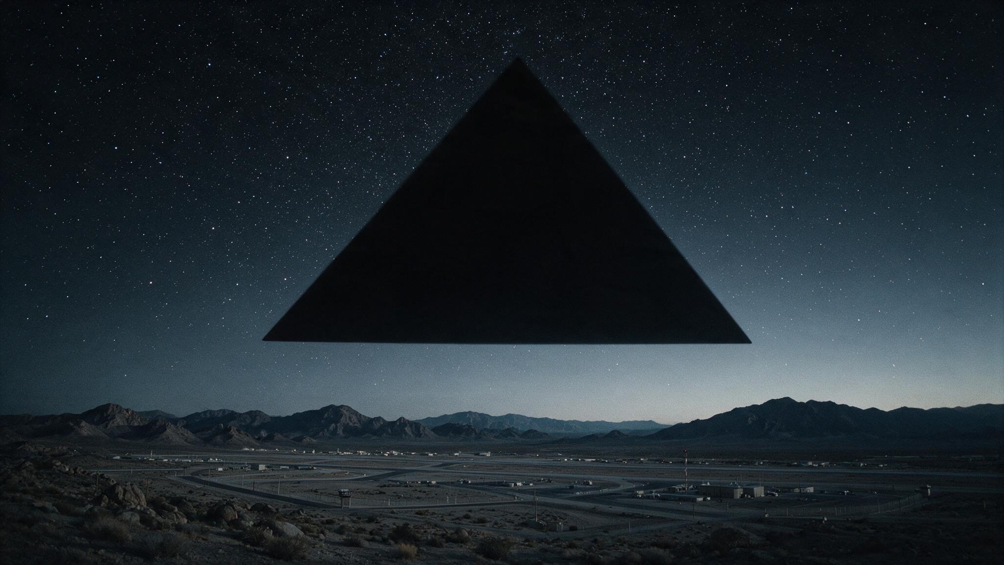 Pre-dawn over a mountain airbase — a massive black triangle passing silently overhead, the stars behind it going dark one by one. (AI-generated reconstruction of witness testimony)