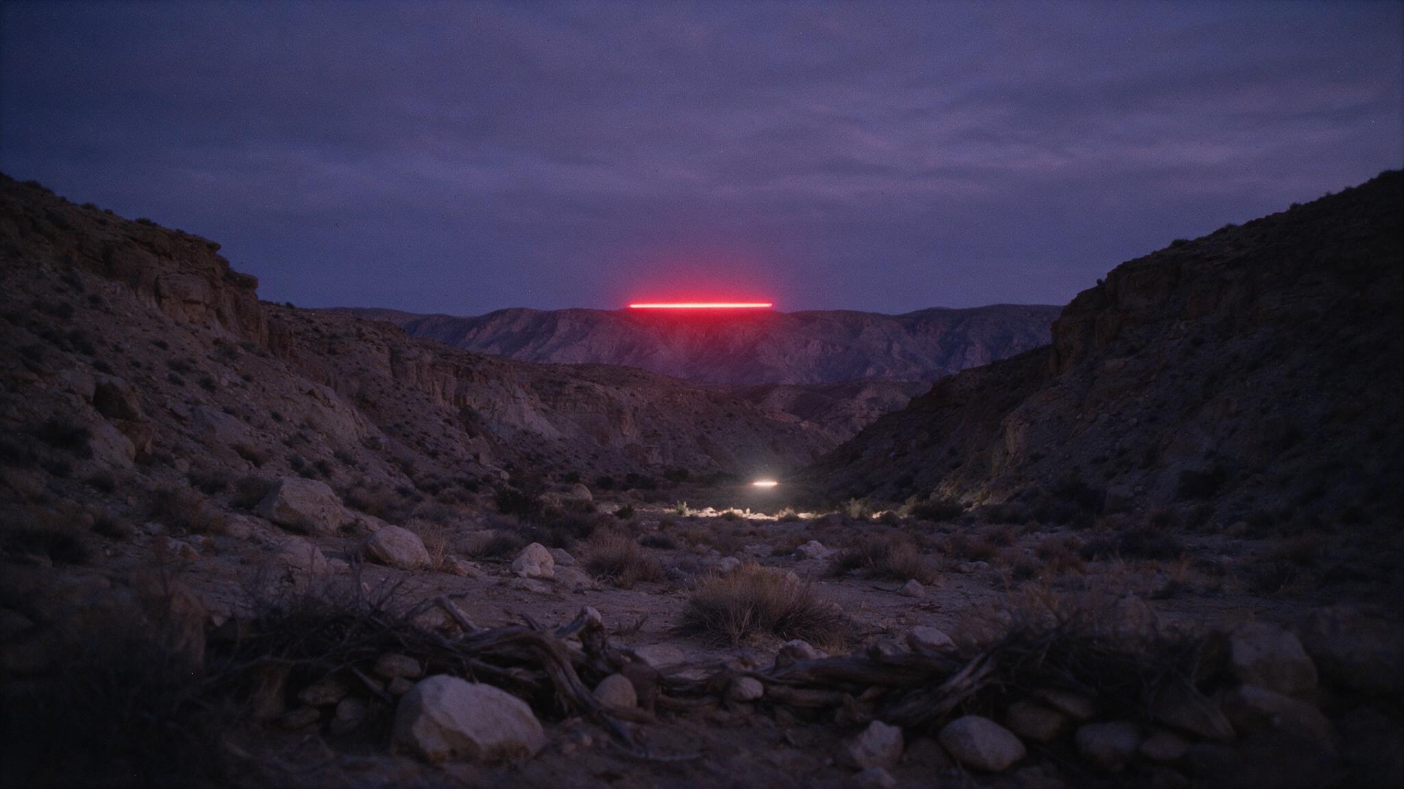 Deep dusk over a dry canyon in the American West: a red bar of light over the ridge, and a low light drifting just above the canyon floor. (AI-generated atmospheric reconstruction)