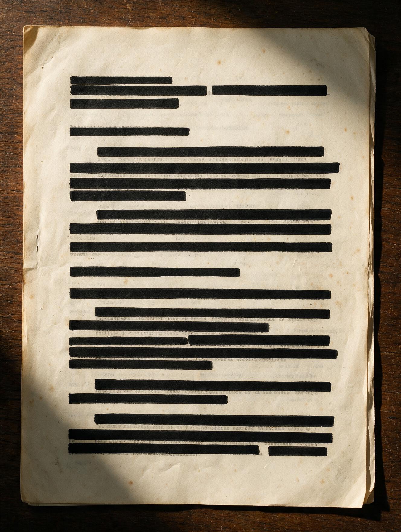A declassified page, most of it buried under solid black redaction bars, the words between them unreadable. (AI-generated illustration in the style of a redacted government document)