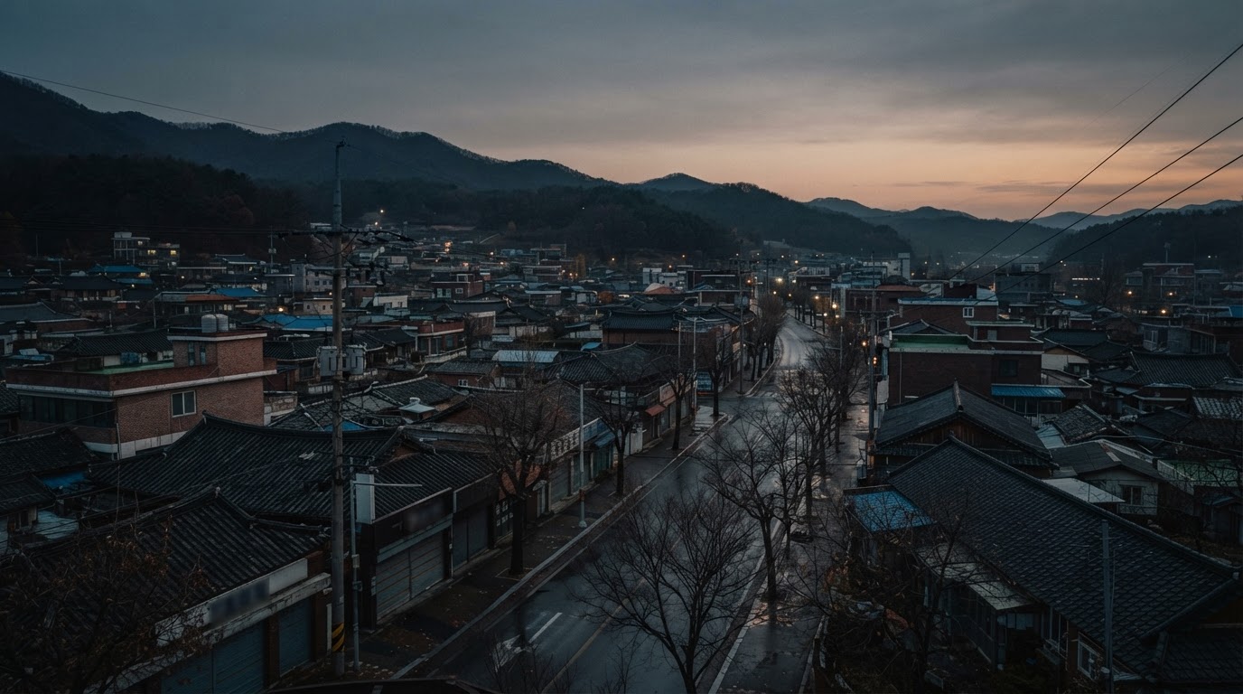 늦가을 경기 북부 소도시의 해질녘 거리 원경 — 2003년 그 저녁도, 이런 풍경이었을 것이다. (AI 생성 이미지)