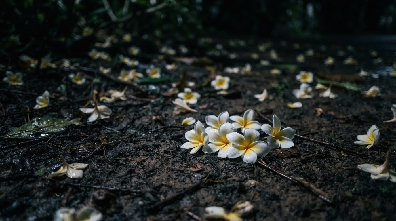 夜、暗く濡れた地面に散ったプルメリアの花、かすかな光を受ける青白い花びら(AI生成画像)