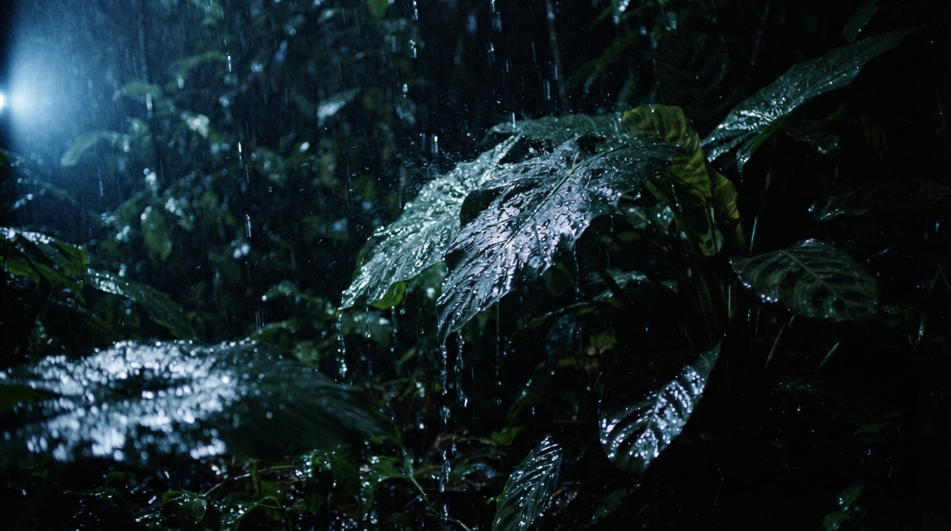 夜、大きな熱帯の葉に降る雨、片側から射す光に暗い葉の上で結び流れる水滴(AI生成画像)