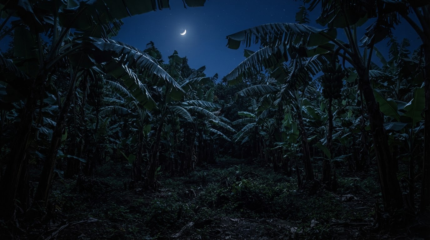 月明かりの下のバナナの林、深い青の夜空を背にシルエットになった大きな葉(AI生成画像)