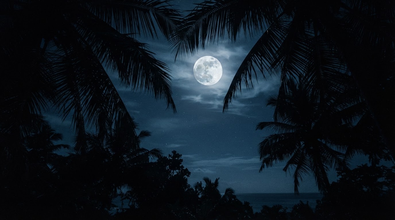 ヤシの葉の黒いシルエットの間から見える満月の熱帯の夜空(AI生成画像)