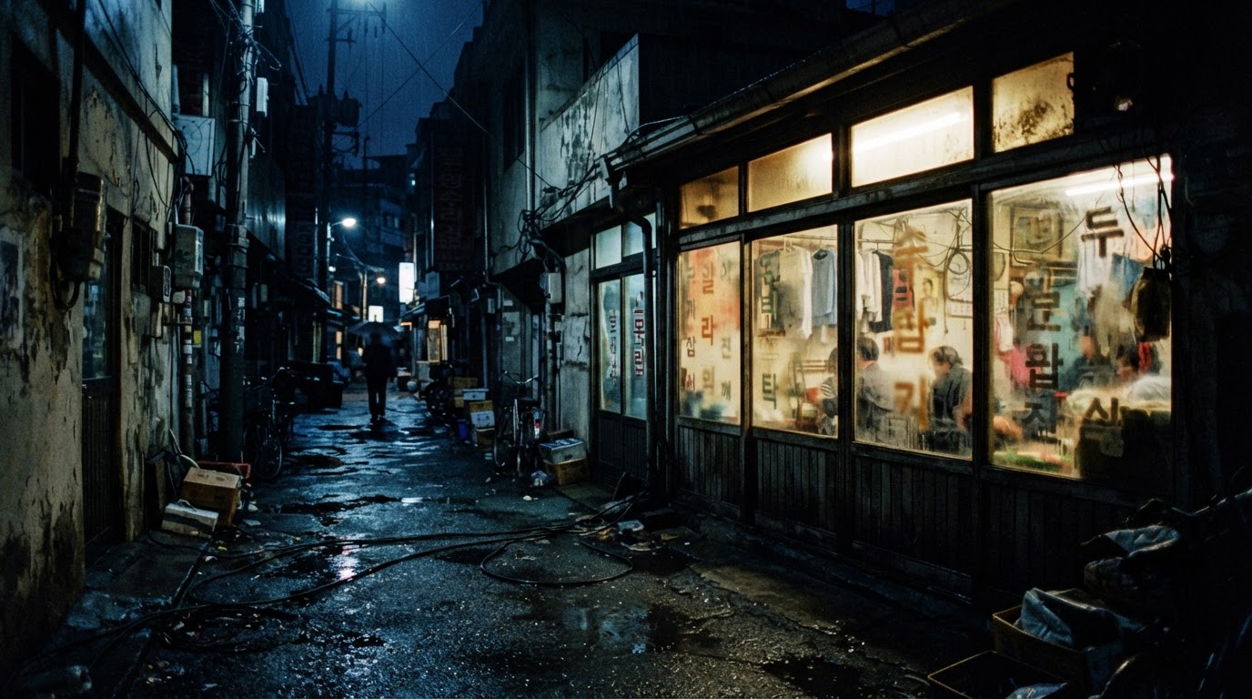 1990年代風のソウルの裏路地の夜、明かりの灯った古い店舗のガラスに、ぼやけた文字と光がにじむ(AI生成画像)