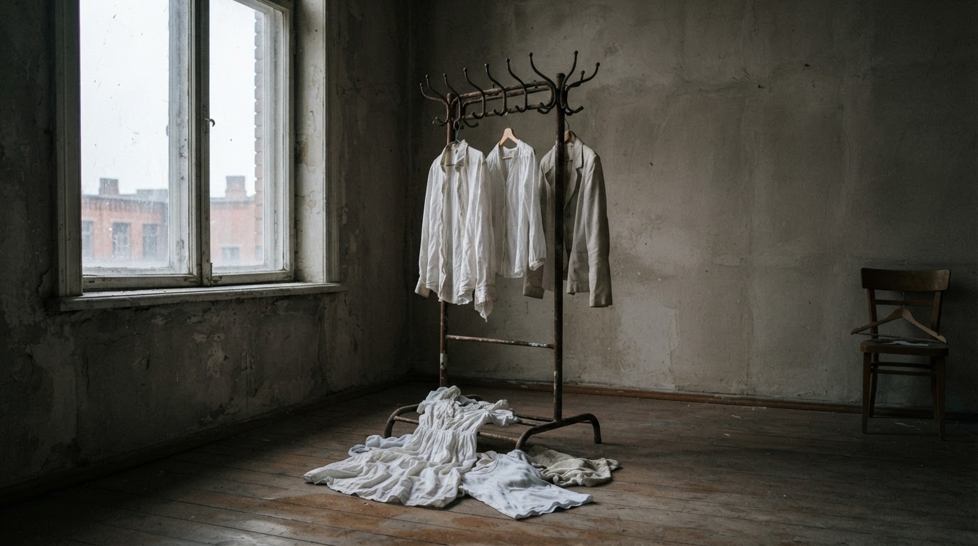 古びたコート掛けに掛かった、散らばった数枚の白い衣服、無人の部屋に曇った光が差す(AI生成画像)