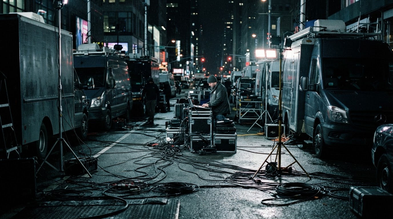 中継車と太いケーブルが絡み合う夜の街路、照明がアスファルトを青白く照らす、ロゴは見えない(AI生成画像)