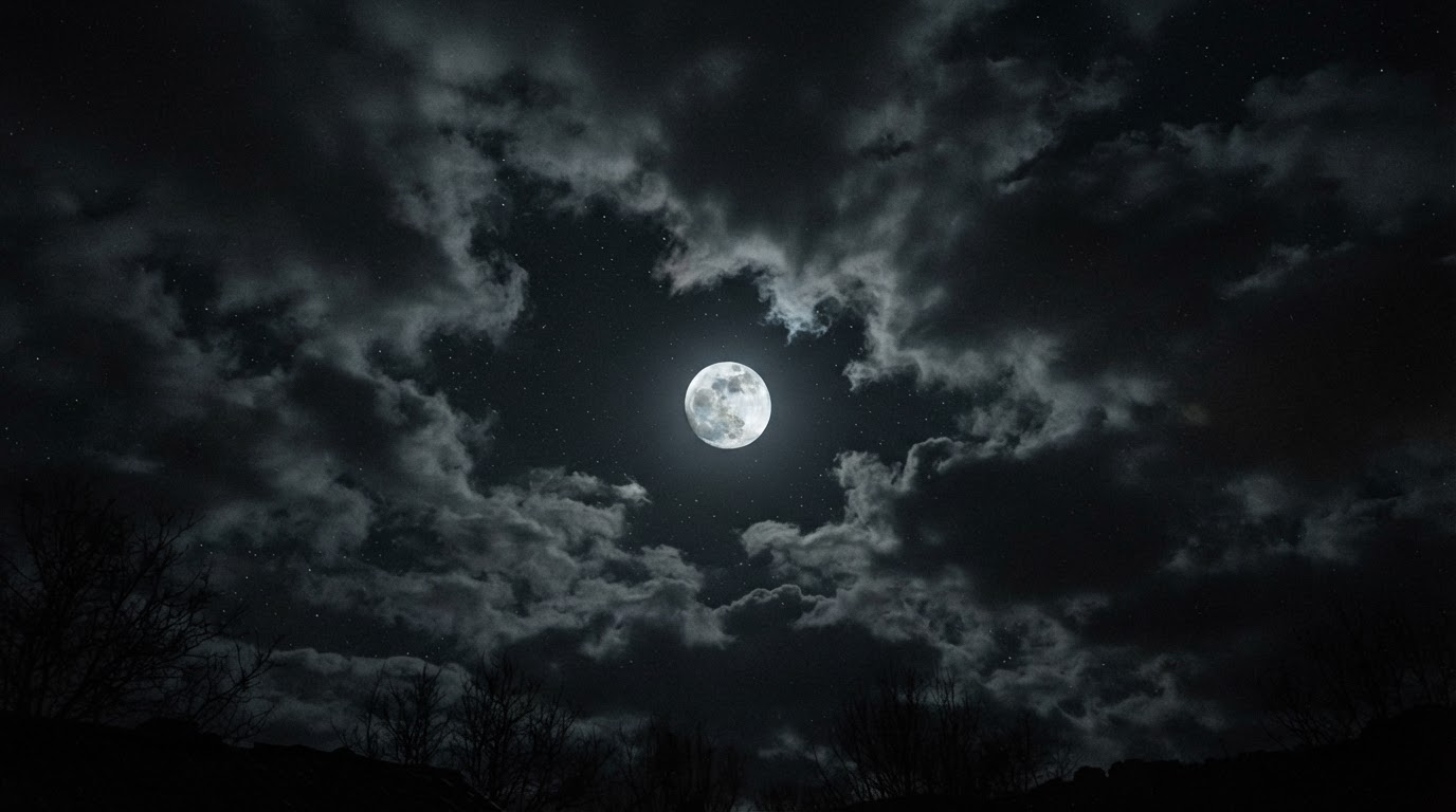 黒い空を見上げる構図、雲の間に青白い月が掛かっている(AI生成画像)