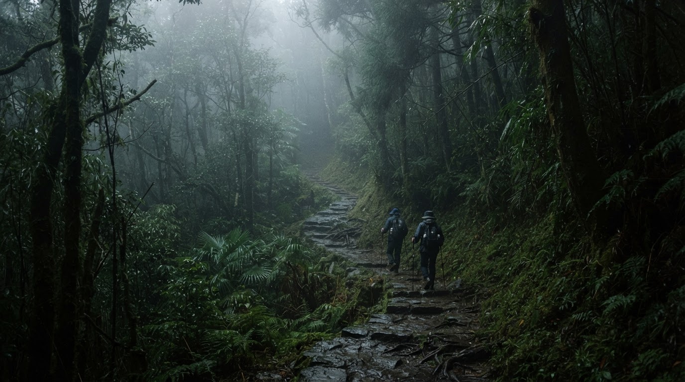 台灣中部亞熱帶山區的登山步道,濃霧漫過潮濕的樹林,晨光在霧氣裡散開,昏暗紀實攝影風格(AI生成图像)