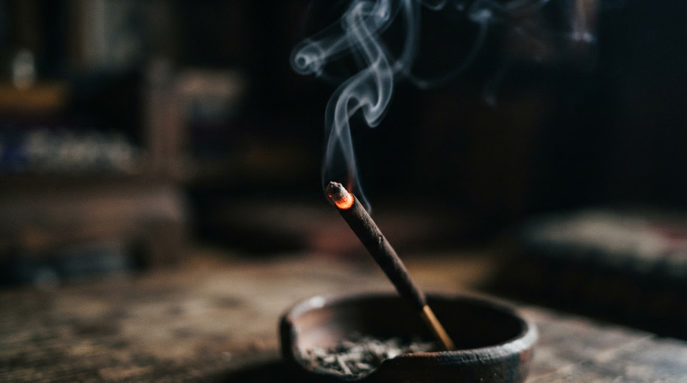 燃燒的線香,煙霧在近距離裊裊上升,背景虛化成一片昏暗,紀實攝影風格(AI生成图像)