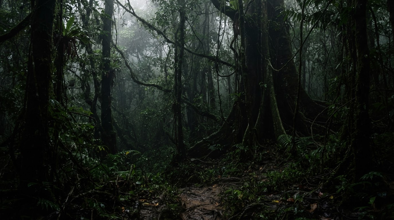 濃密的亞熱帶叢林在黃昏裡層層疊疊,霧氣鎖住樹冠,光線幽暗,紀實攝影風格(AI生成图像)