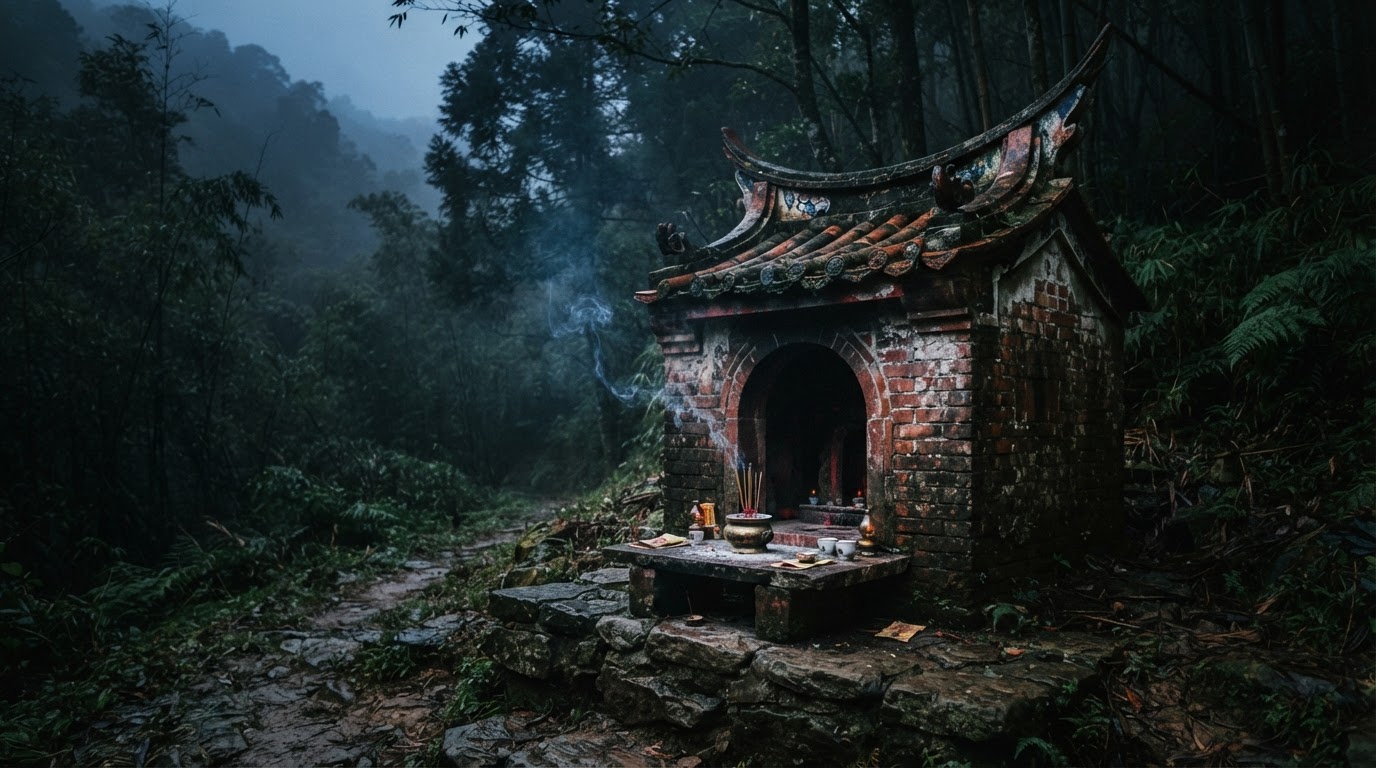 山中的小廟,香爐插滿了燃燒的線香,煙霧繚繞,暮色四合,昏暗紀實攝影(AI生成图像)