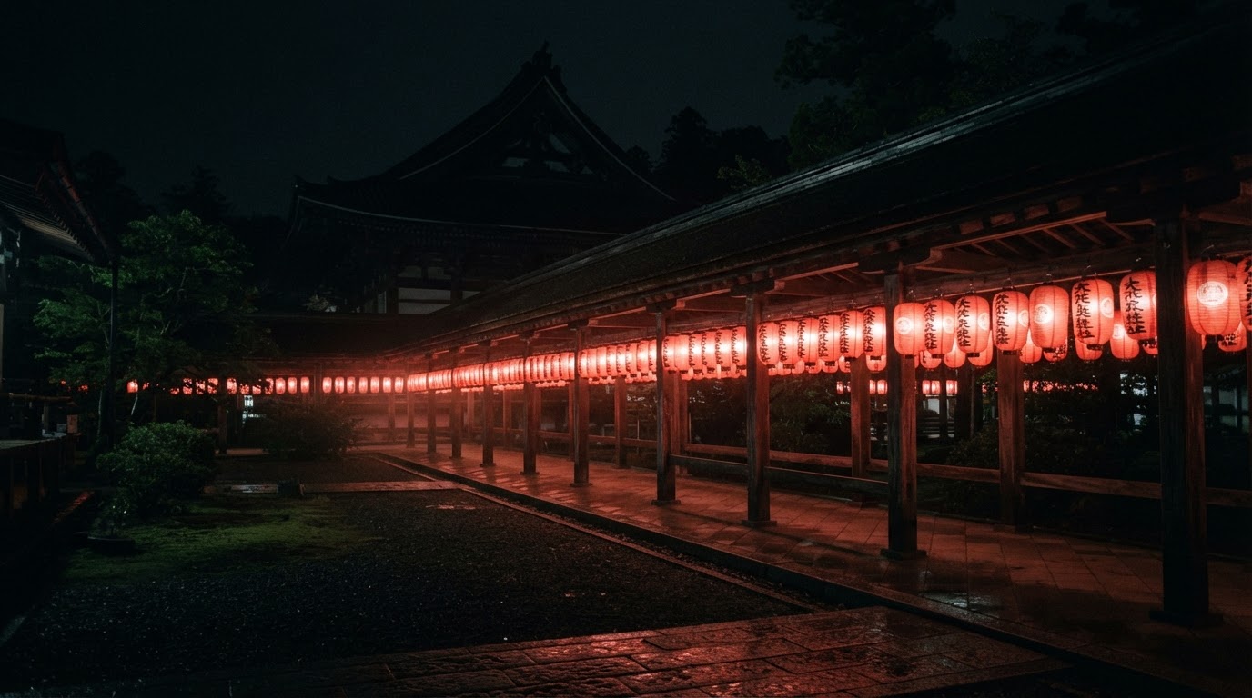 夜裡寺廟前成排的燈籠,紅光在黑暗中暈開,靜謐而幽微,紀實攝影風格(AI生成图像)