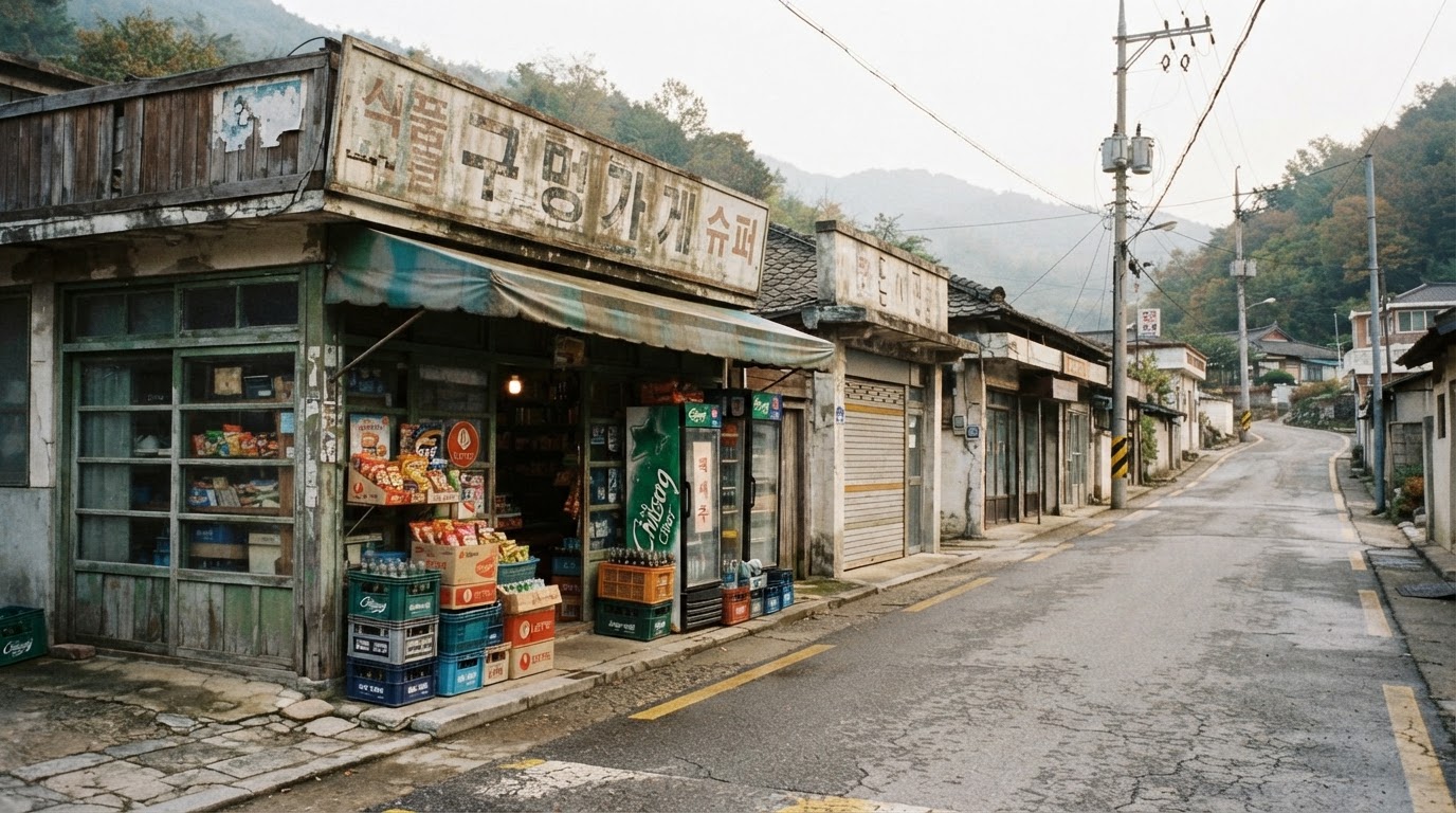 A street in front of an old corner grocery shop in a rural South Korean town in the 1990s (AI-generated image)