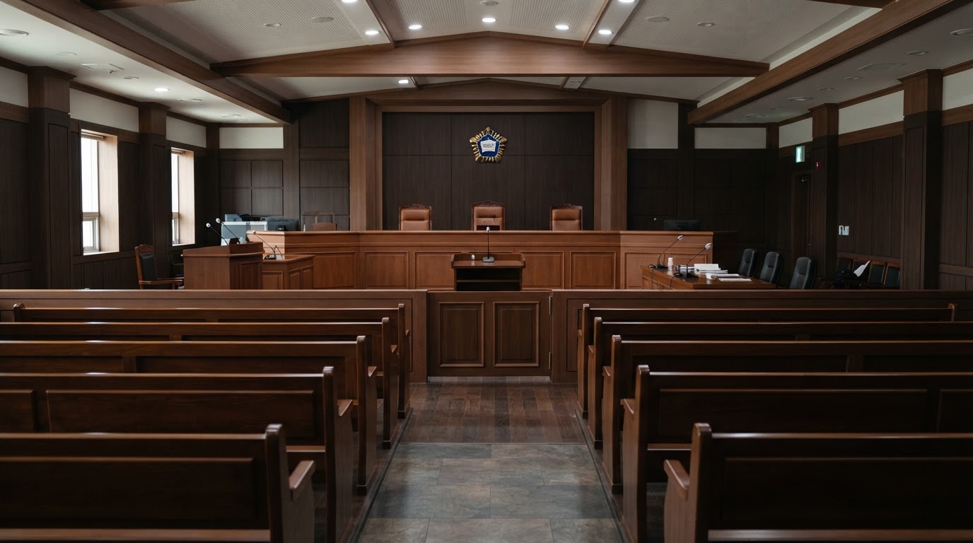 An empty Korean courtroom, unoccupied gallery benches, still and solemn (AI-generated image)