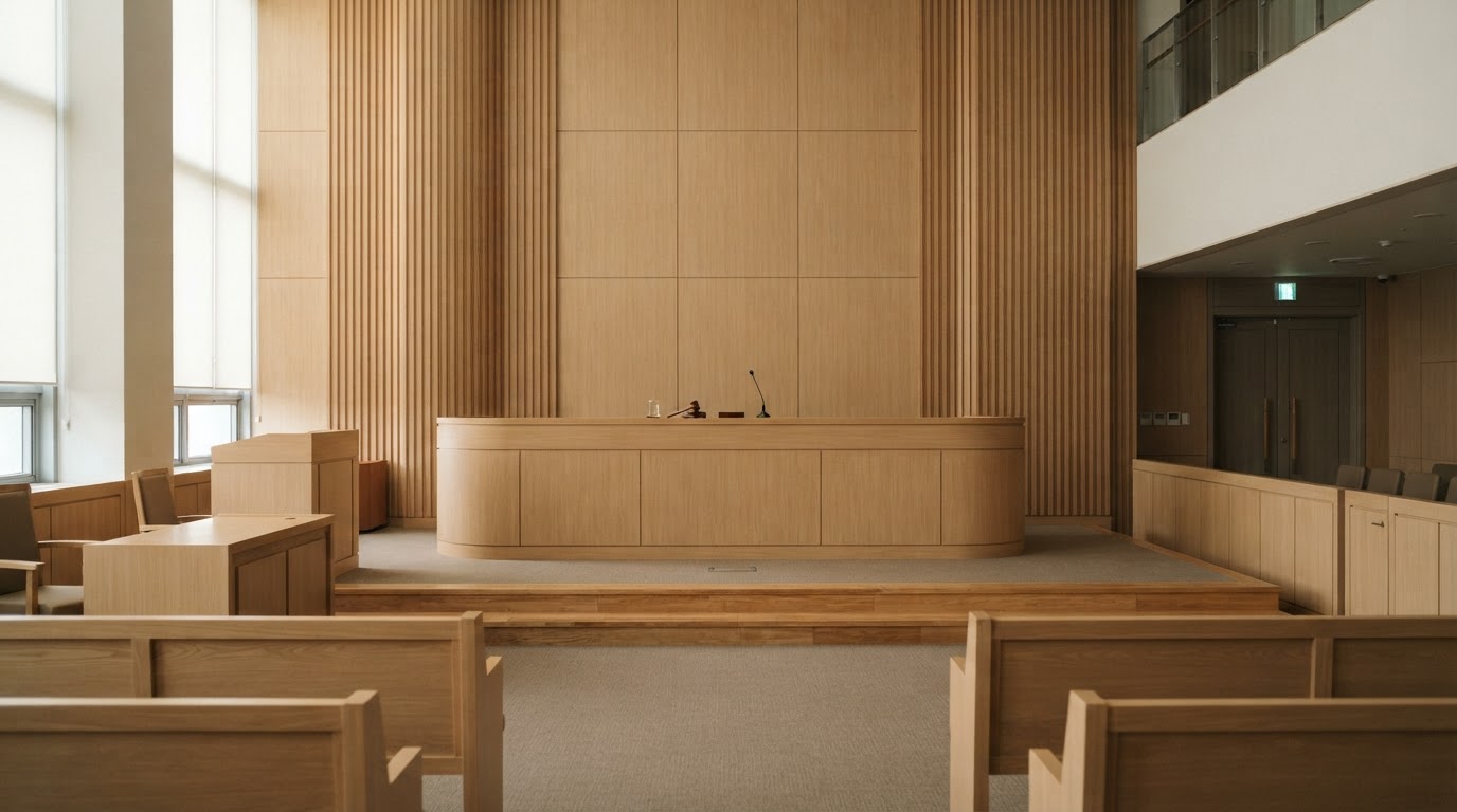 The quiet front of a Korean courtroom, an empty judge's bench (AI-generated image)