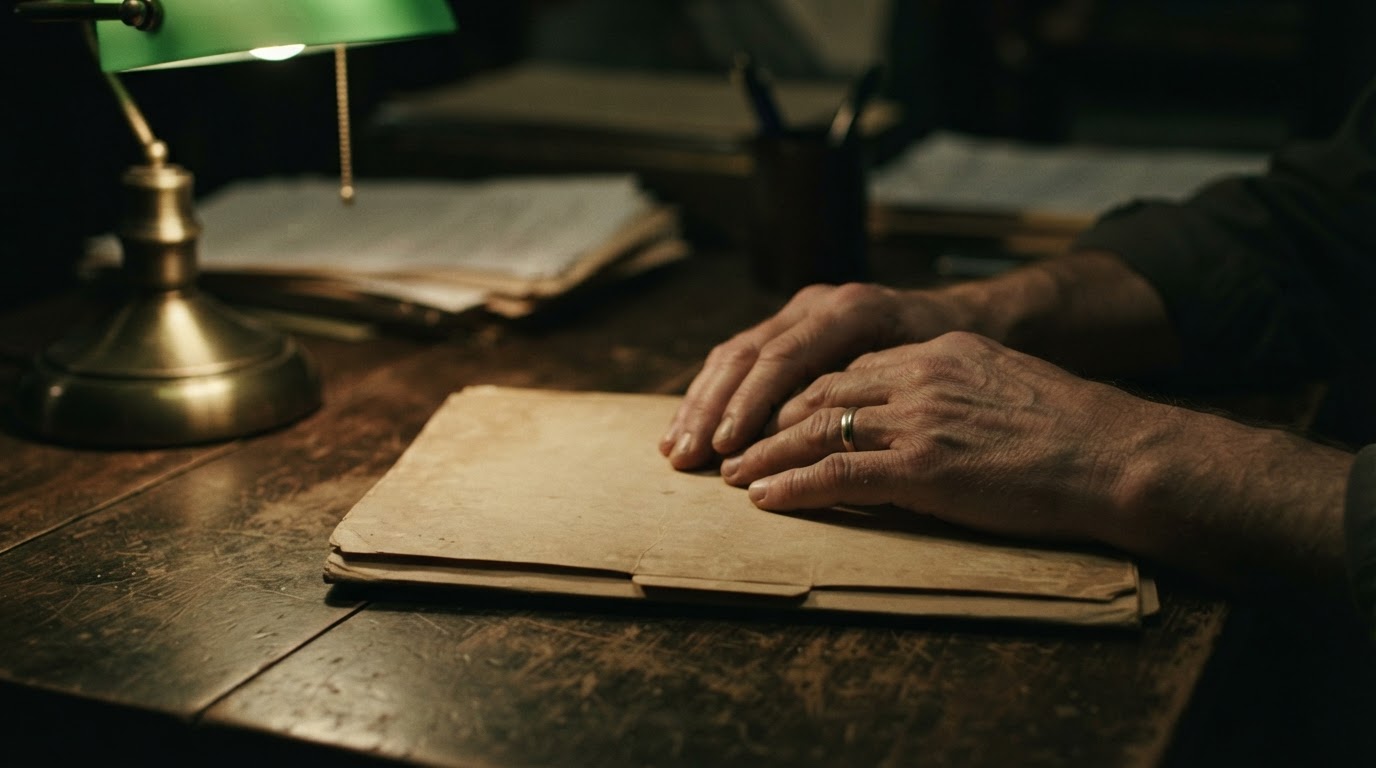A pair of hands reopening an old retrial case folder, text illegible (no readable text, AI-generated image)