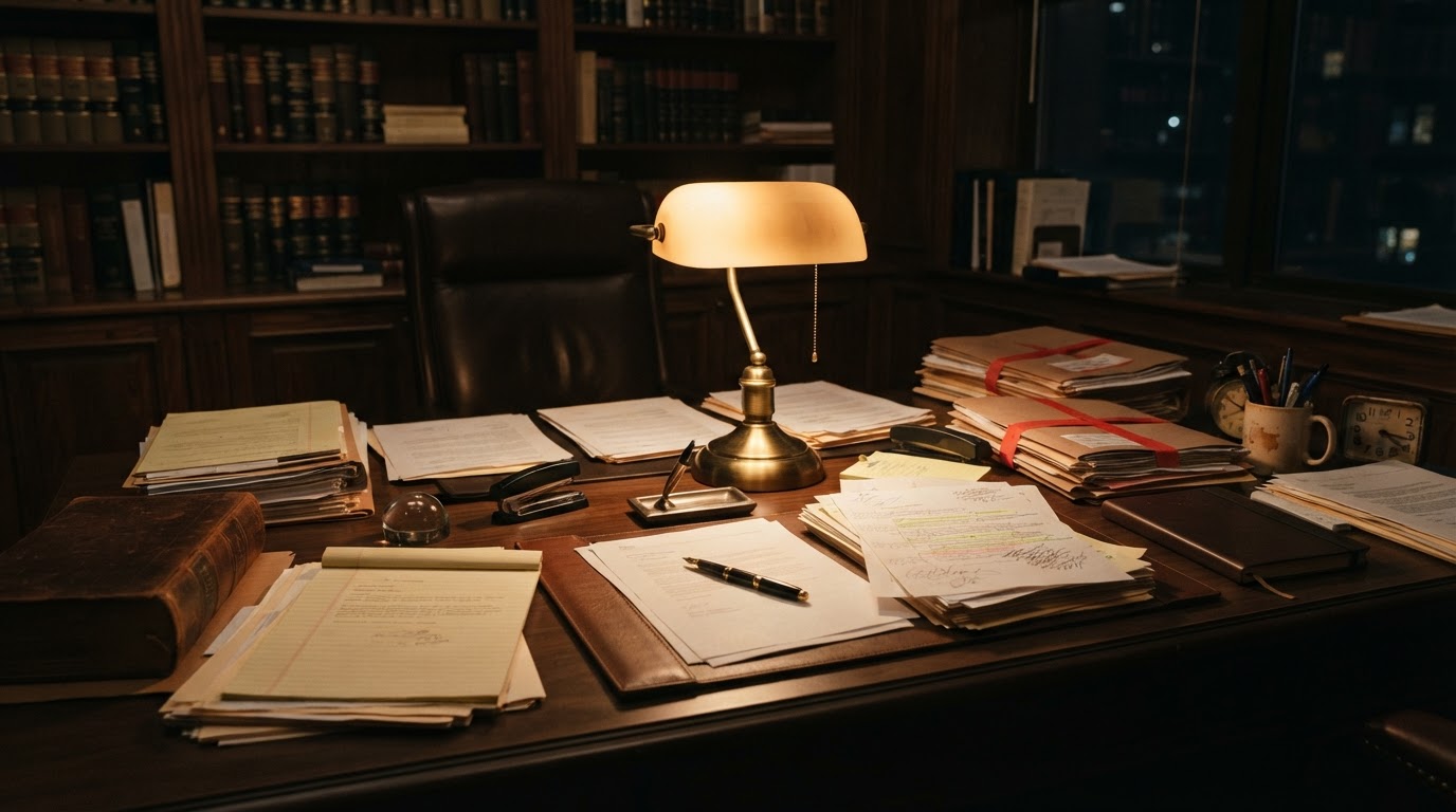 A lawyer's office desk with stacks of documents and a glowing lamp (no readable text, AI-generated image)