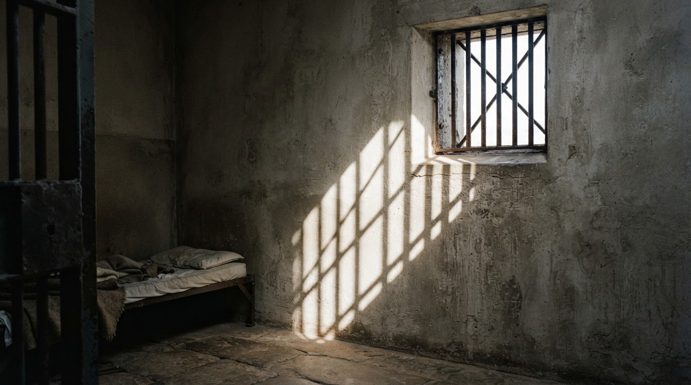 A shaft of window light filtering between prison bars, long shadows on a wall (AI-generated image)