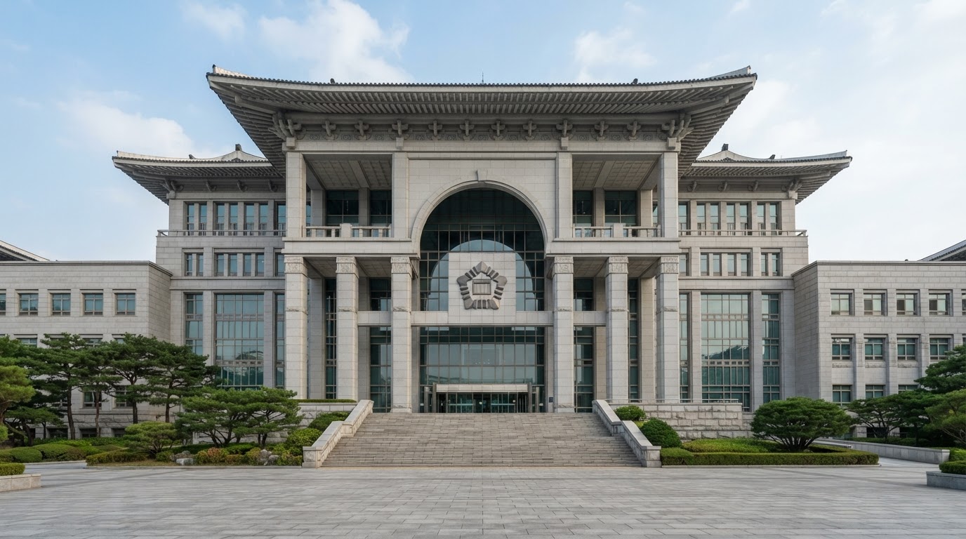 The exterior facade of a Korean courthouse, a dignified imposing front (AI-generated image)
