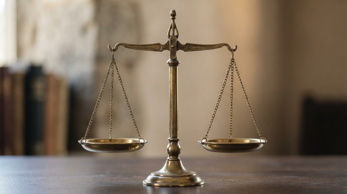 A balanced scale of justice in equilibrium, a calm neutral background (no readable text, AI-generated image)