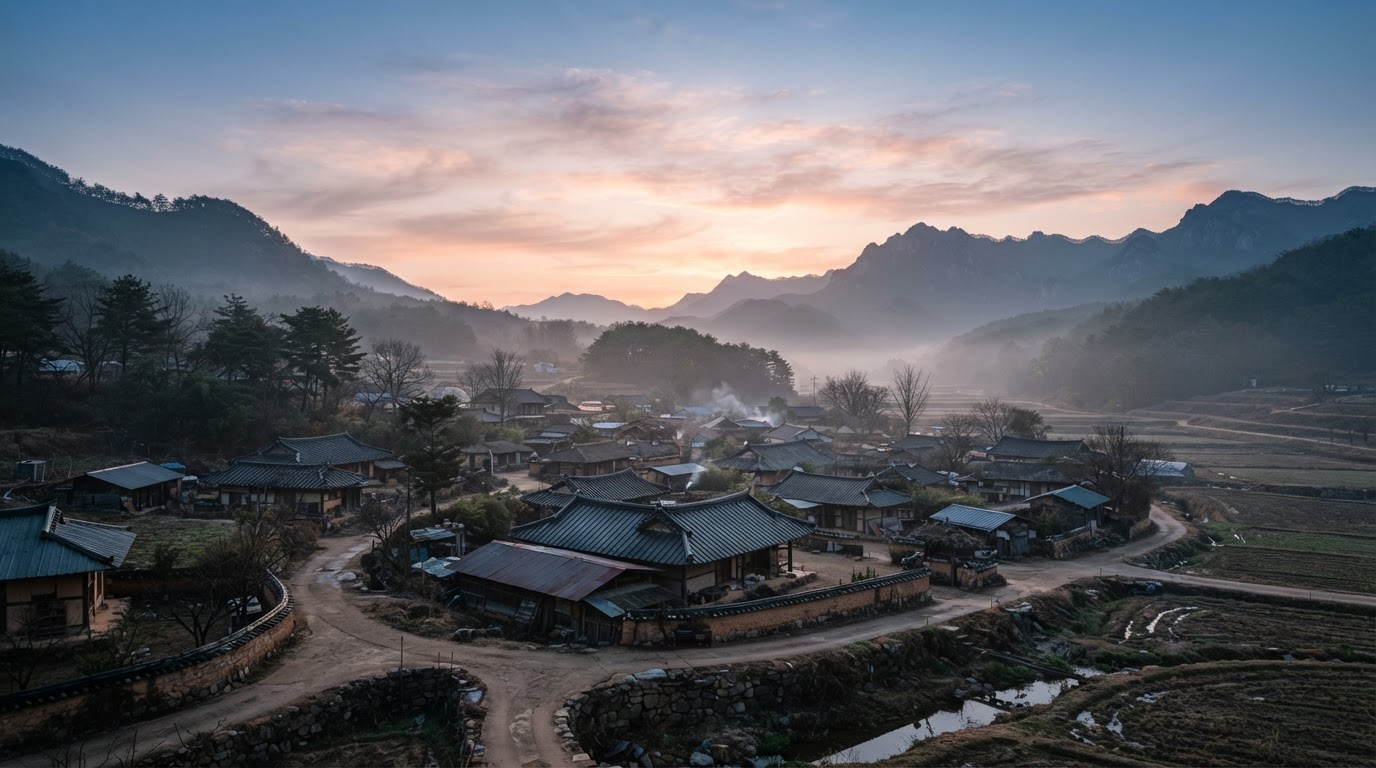 A rural Korean village sky brightening at first light of dawn (AI-generated image)