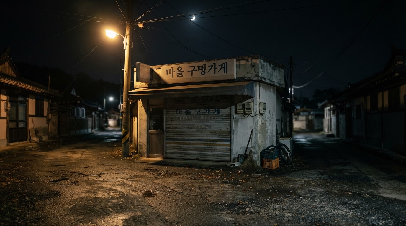 A small rural shop at night, its shutter pulled down under a faint streetlamp (AI-generated image)