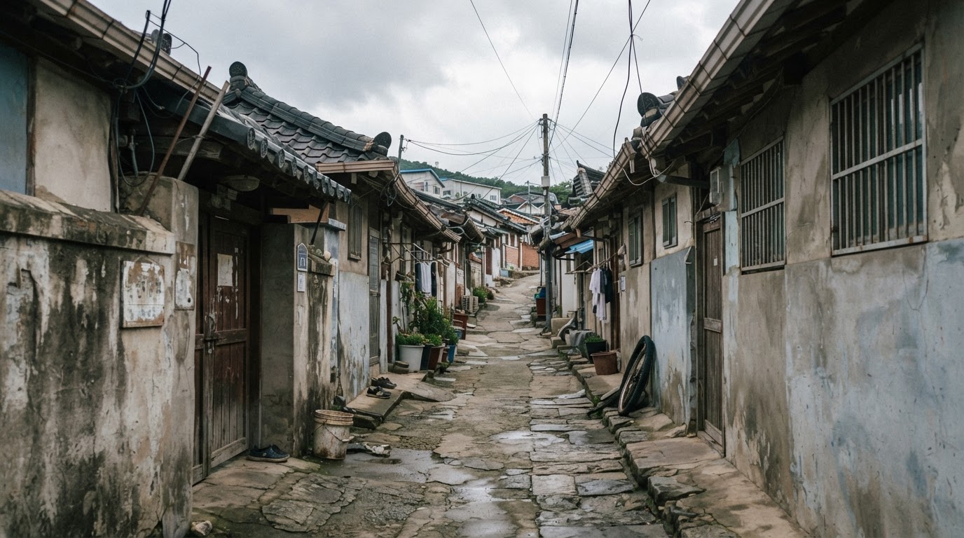 A narrow alley in a small provincial Korean town, low walls and old houses (AI-generated image)