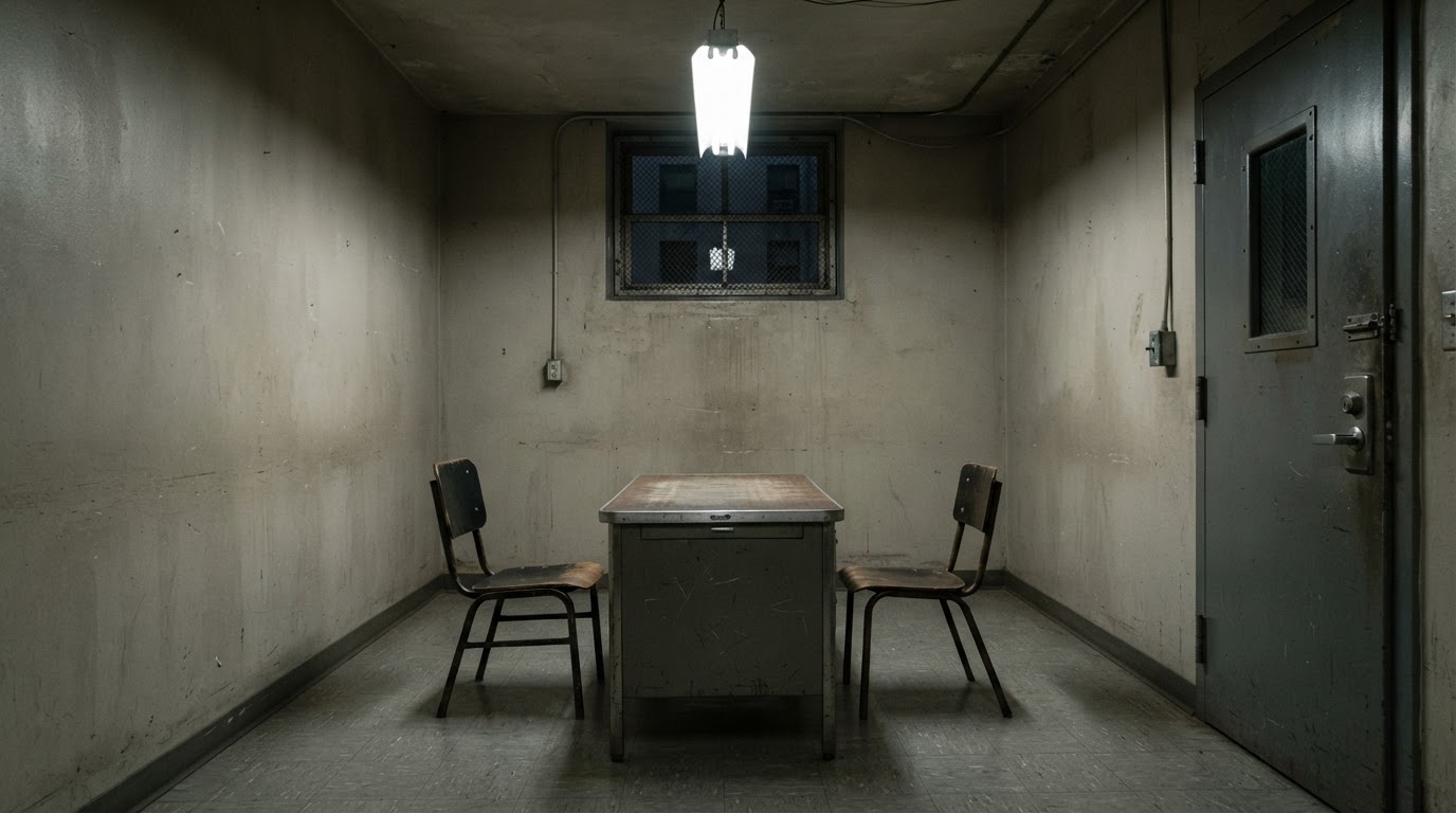 An empty interrogation room, a single worn desk and a cold overhead light (AI-generated image)