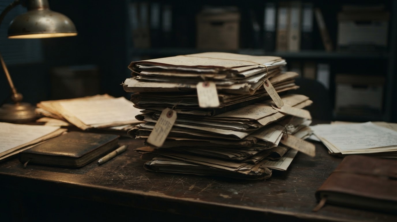 A stack of old case-file documents on a desk, the text deliberately illegible (no readable text, AI-generated image)