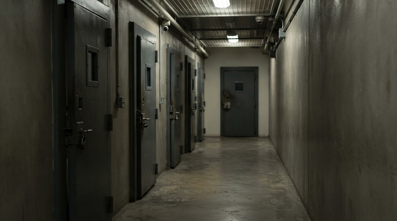 A narrow dim corridor lined with cold steel cell doors (AI-generated image)