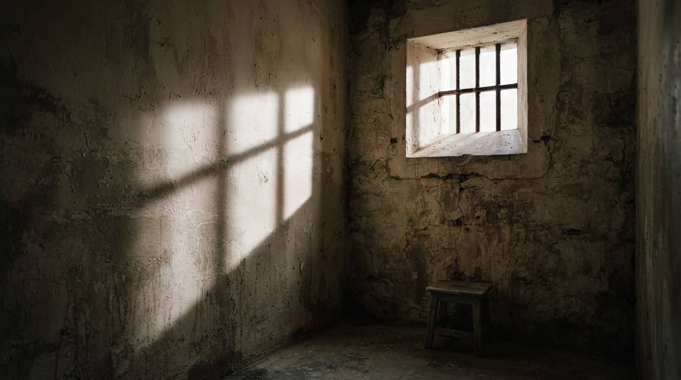 A shaft of light through a small barred cell window, bars' shadow on a plain wall (AI-generated image)