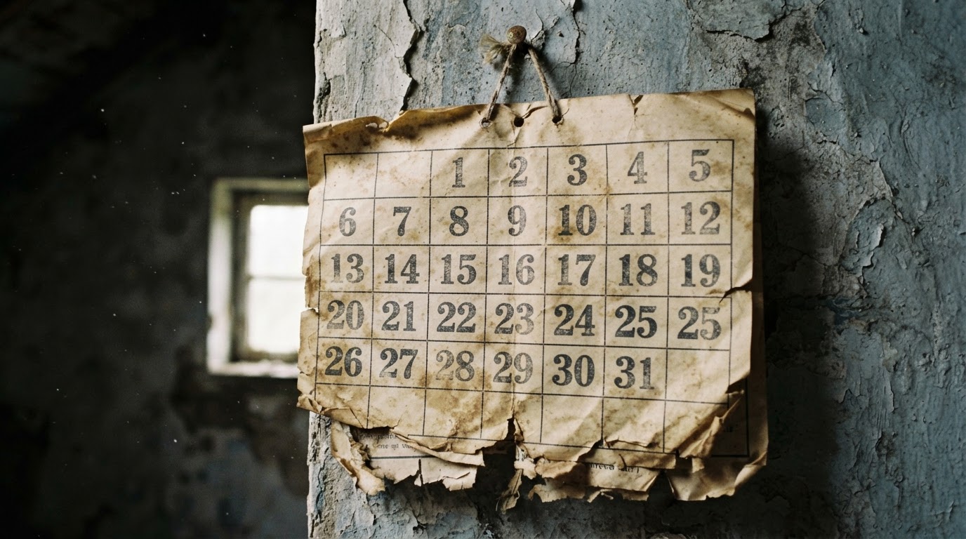 An old wall calendar marking the passage of years, numbers illegible (no readable text, AI-generated image)